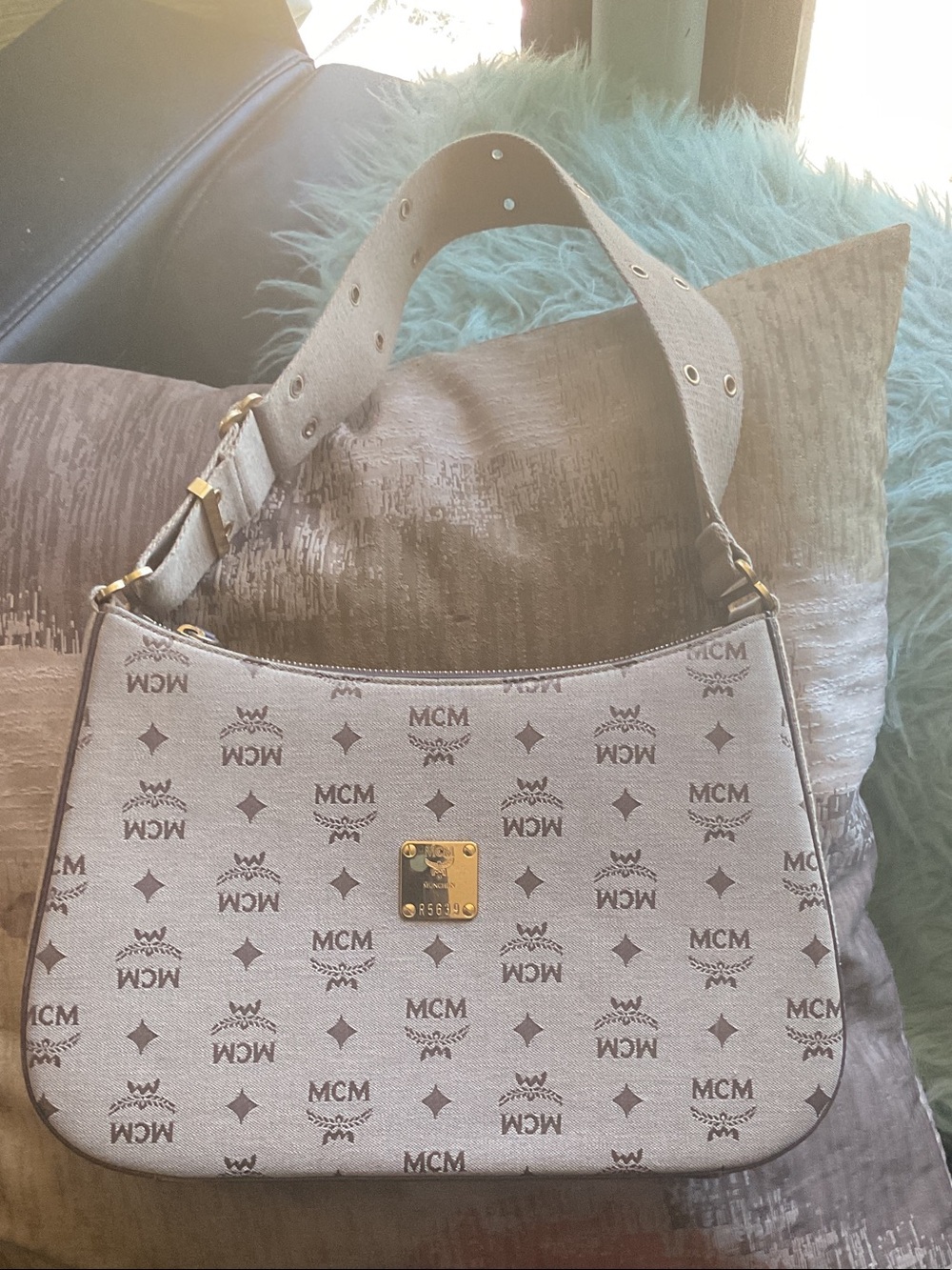 MCM Beige Logo Canvas Shoulder Bag with Gold Hardware EUC